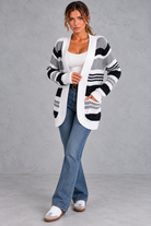 Women's striped open-front cardigan in Grey – full-length view