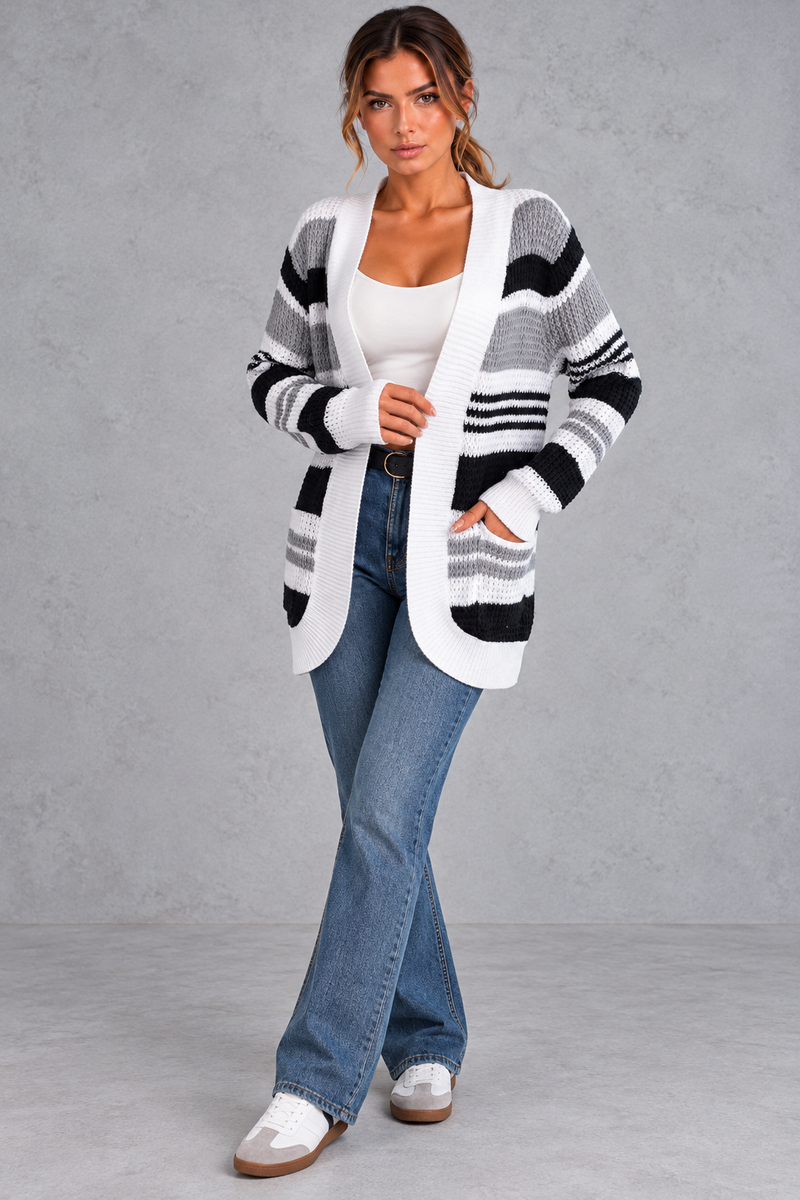 Women's striped open-front cardigan in Grey – full-length view