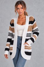 Women's striped open-front cardigan in Camel – front view