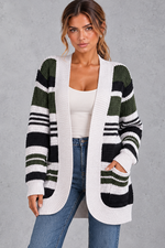 Women's striped open-front cardigan in Olive Green – front view