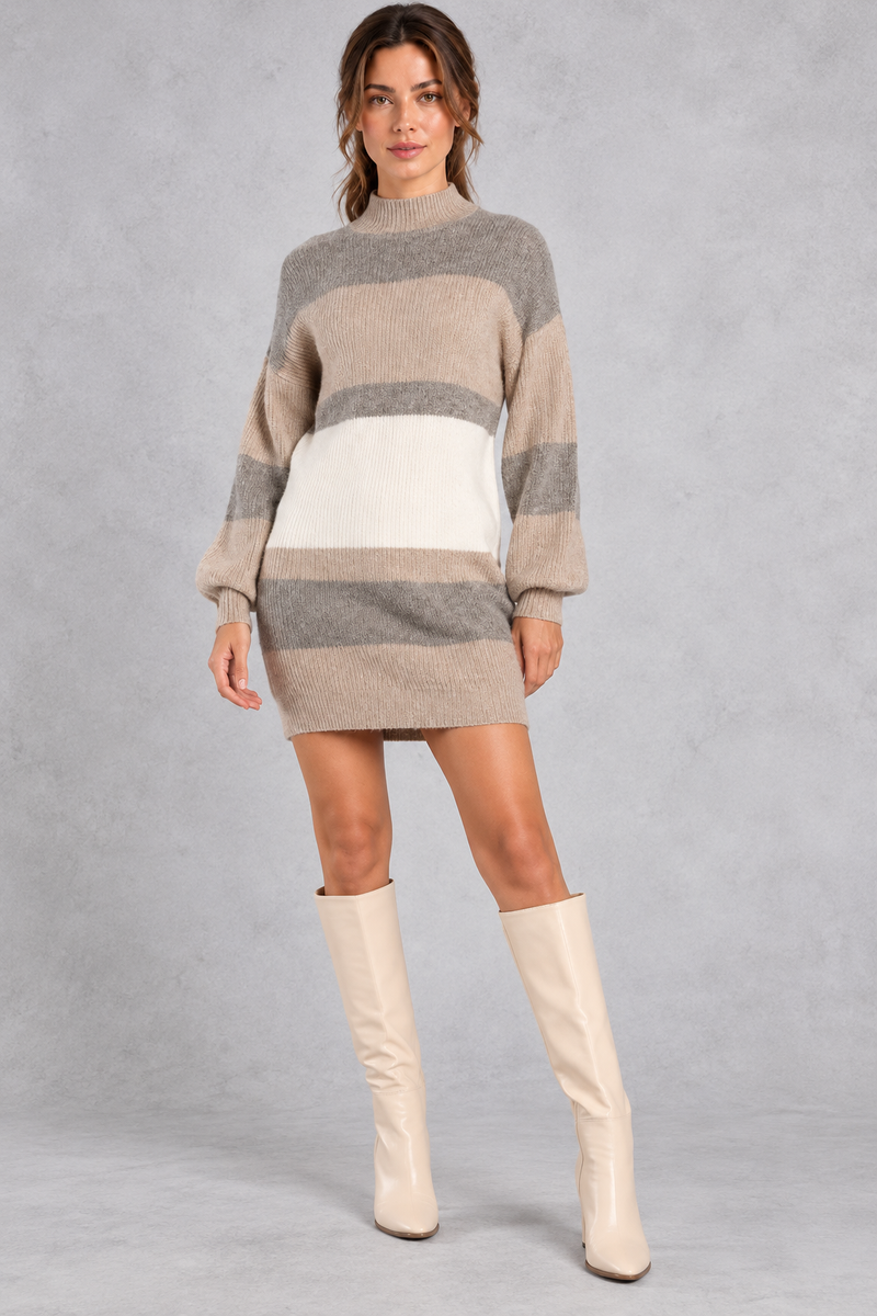 Women's Colour Block Jumper Dress – Neutral Stripe – front view