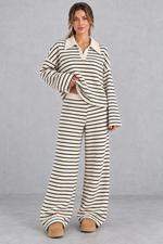 Women's beige striped knit co-ord set with collared V-neck top and wide leg trousers – front view