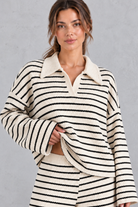 Women's beige striped knit co-ord set – close-up of collared V-neck top and dropped shoulders