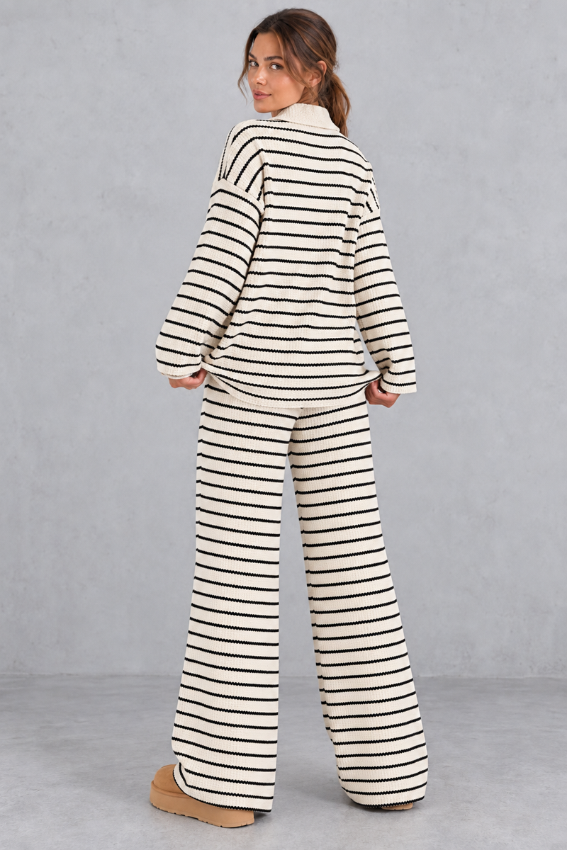 Women's beige striped knit co-ord set with collared V-neck top and wide leg trousers – back view