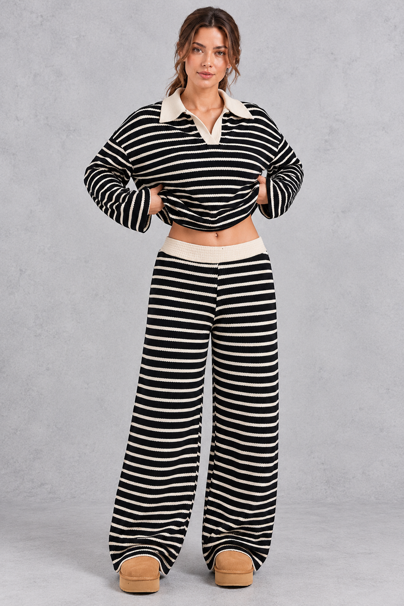 Women's black striped knit co-ord set with cream collar and wide leg trousers – front view