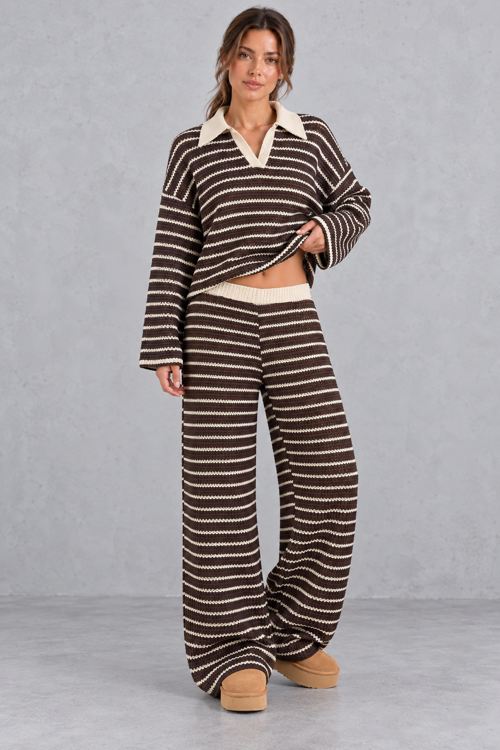 Women's brown striped knit co-ord set with cream collar and wide leg trousers – front view