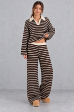 Women's brown striped knit co-ord set with cream collar and wide leg trousers – front view