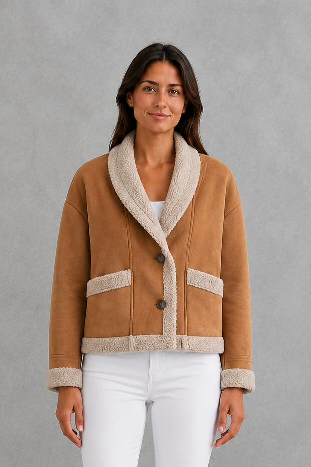 Women’s suede-look teddy coat with a relaxed fit, cosy texture, long sleeves and classic lapel collar.
