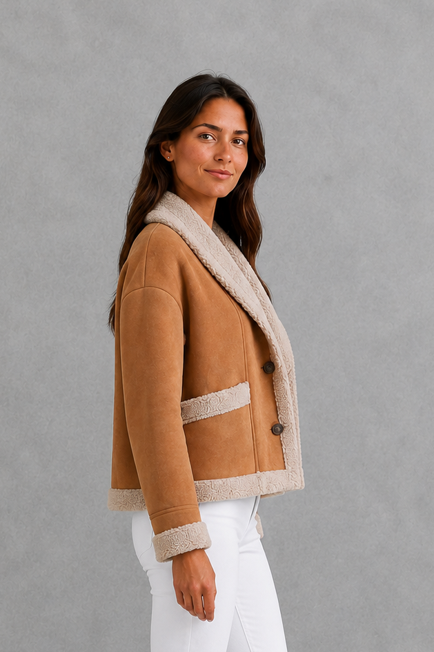 Women’s suede-look teddy coat with a relaxed fit, cosy texture, long sleeves and classic lapel collar.