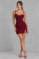 Women’s sweetheart mini dress with pleated underwired cups, adjustable cross-back straps, a fitted bodice and flared A-line skirt.
