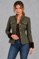 Women's Tailored Herringbone Blazer in Olive – front view