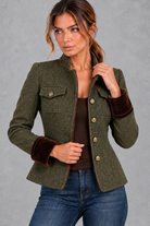 Women's Tailored Herringbone Blazer in Olive – close-up
