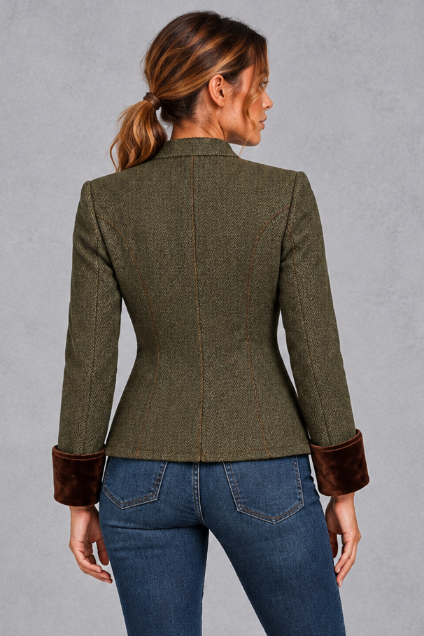 Women's Tailored Herringbone Blazer in Olive – back view