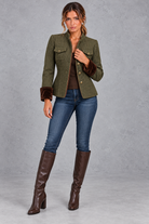 Women's Tailored Herringbone Blazer in Olive – full-length view