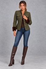 Women's Tailored Herringbone Blazer in Olive – full-length view