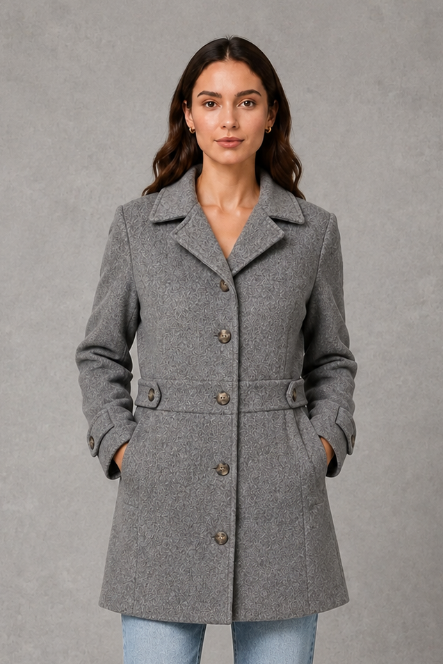 Women’s tailored longline coat with a classic collar, button-front fastening, defined waist, decorative waist tabs and button cuff detailing.