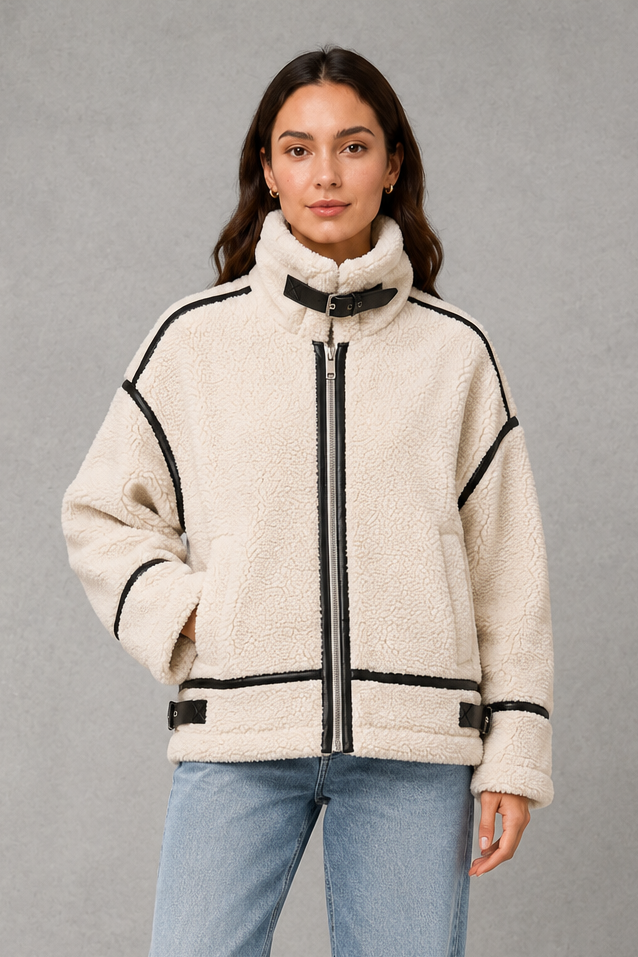Women’s teddy borg coat with a soft plush texture, relaxed silhouette and practical zip-up front for cosy autumn and winter layering.