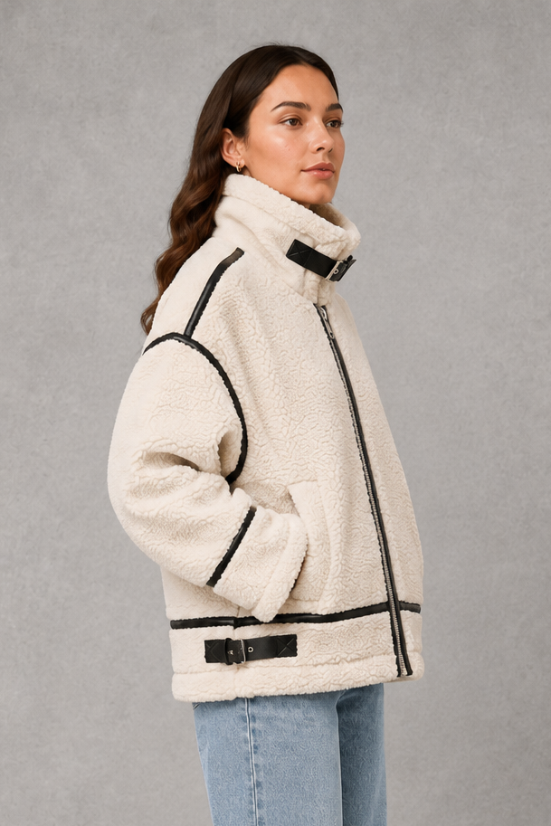 Women’s teddy borg coat with a soft plush texture, relaxed silhouette and practical zip-up front for cosy autumn and winter layering.
