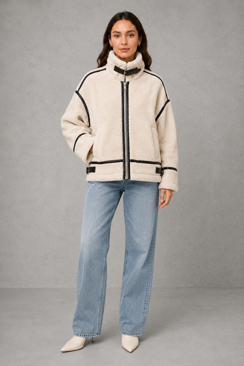 Women’s teddy borg coat with a soft plush texture, relaxed silhouette and practical zip-up front for cosy autumn and winter layering.