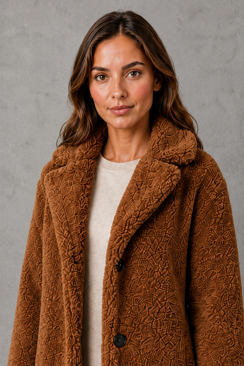 Women’s Teddy Coat  with soft plush texture, elegant collar and single-breasted design, ideal for stylish autumn and winter layering.