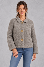 Women's Boxy Teddy Jacket – Peter Pan Collar & Gold Flower Buttons – Grey – front view