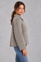 Women's Boxy Teddy Jacket – Peter Pan Collar & Gold Flower Buttons – Grey – side view