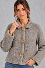 Women's Boxy Teddy Jacket – Peter Pan Collar & Gold Flower Buttons – Grey – close-up front view