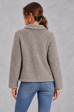 Women's Boxy Teddy Jacket – Peter Pan Collar & Gold Flower Buttons – Grey – back view