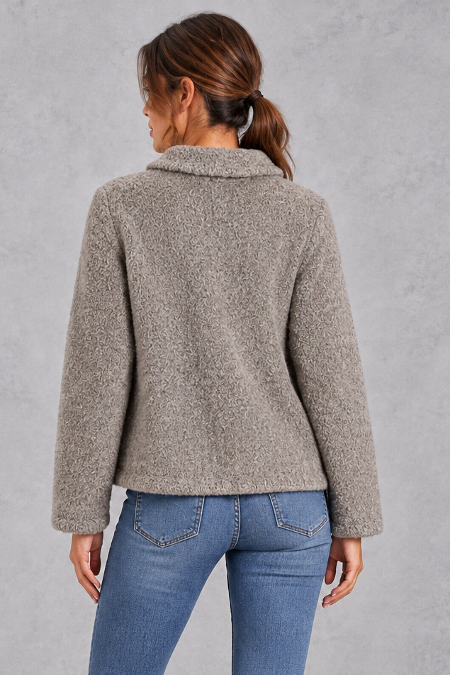 Women's Boxy Teddy Jacket – Peter Pan Collar & Gold Flower Buttons – Grey – back view