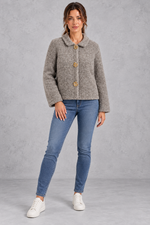 Women's Boxy Teddy Jacket – Peter Pan Collar & Gold Flower Buttons – Grey – full-length view