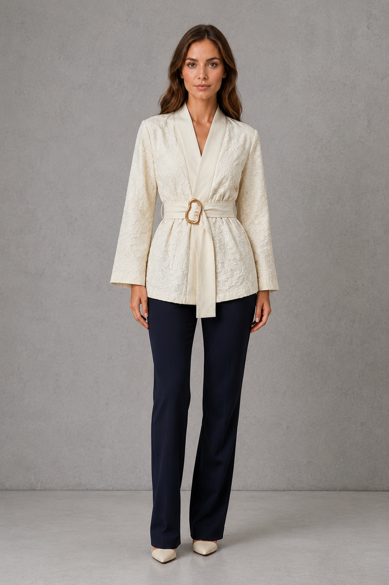 Women’s soft apricot textured floral wrap top with V-neckline, flowing bell sleeves, pleated waist and gold-tone buckle belt.