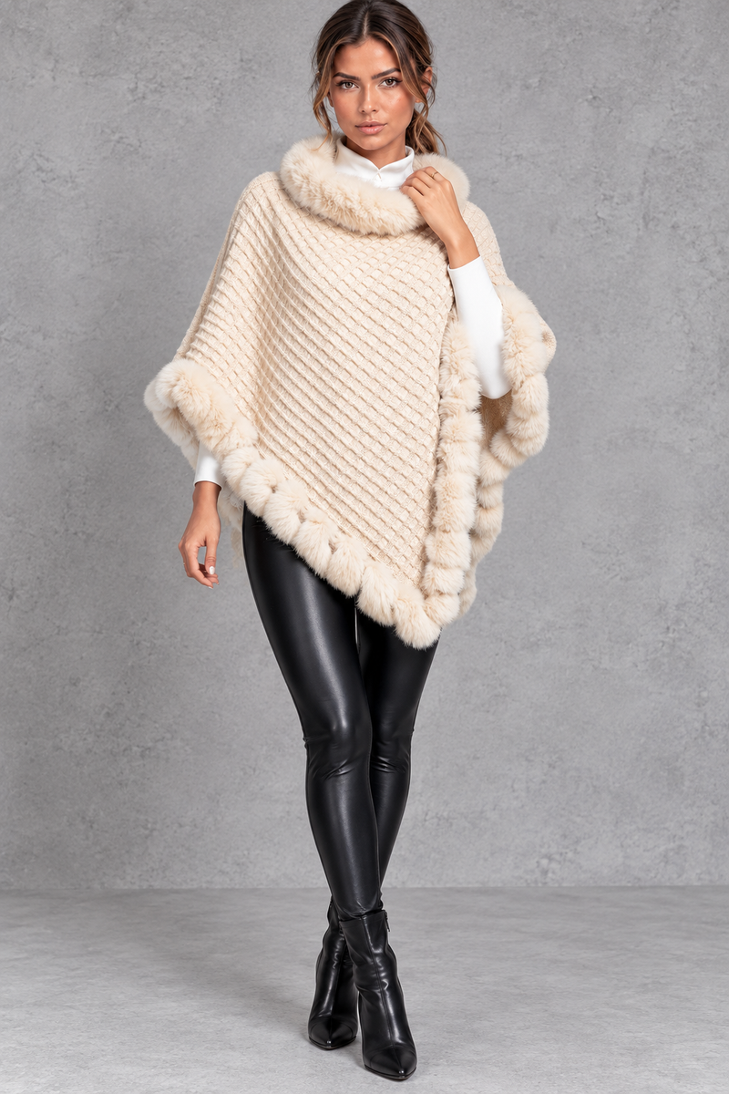 Women's textured knitted poncho in Cream – full-length view