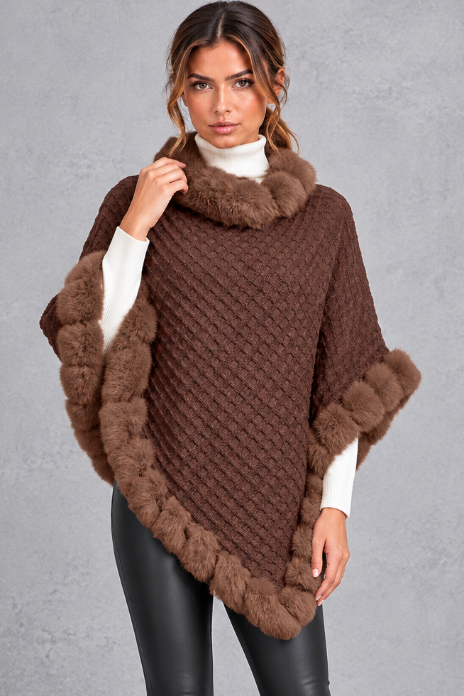 Women's textured knitted poncho in Dark Brown – front view