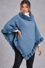 Women's textured knitted poncho in Blue – front view