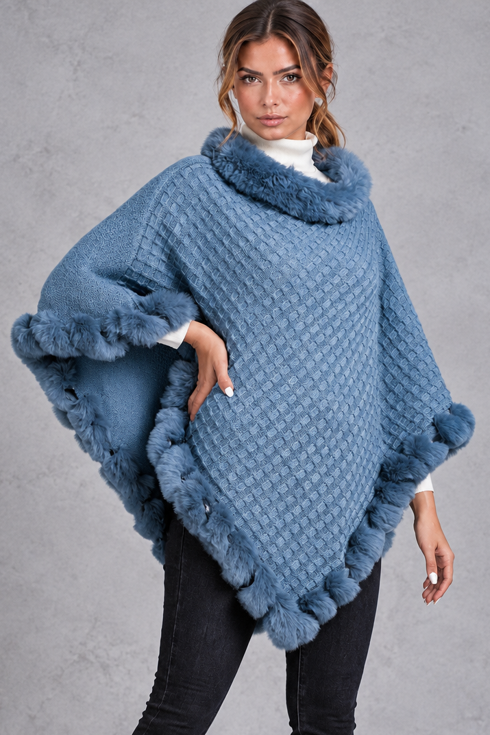 Women's textured knitted poncho in Blue – front view