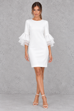 Women’s tiered midi summer dress with feminine ruffle detailing, three-quarter sleeves and an elegant flowing silhouette.