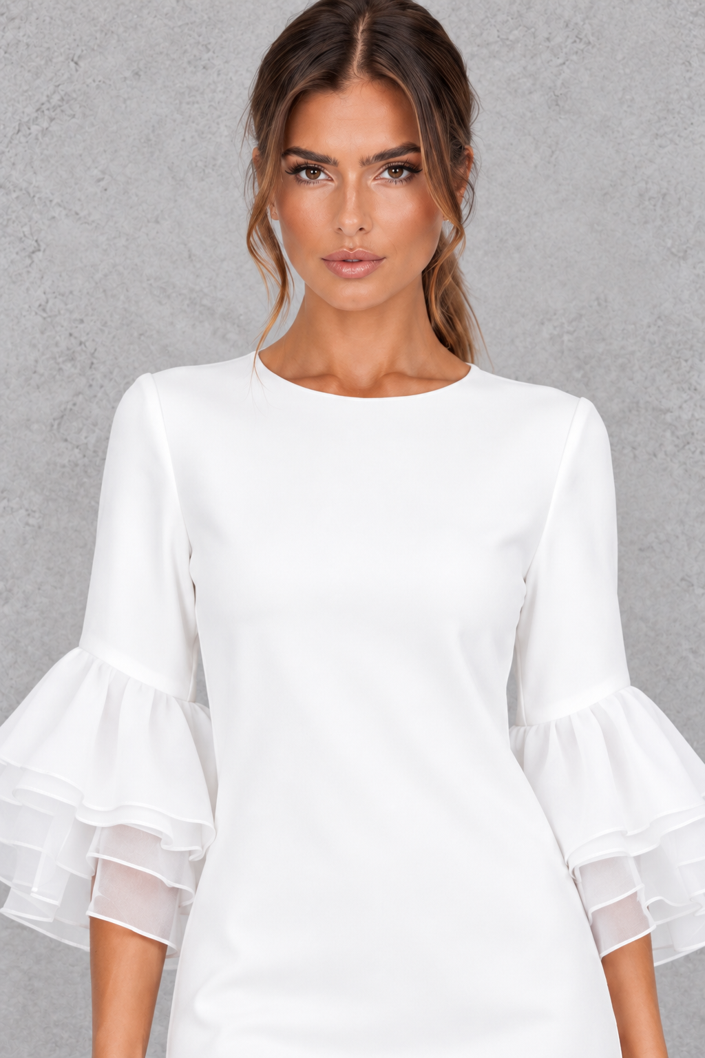 Women’s tiered midi summer dress with feminine ruffle detailing, three-quarter sleeves and an elegant flowing silhouette.