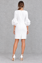 Women’s tiered midi summer dress with feminine ruffle detailing, three-quarter sleeves and an elegant flowing silhouette.