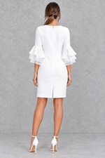 Women’s tiered midi summer dress with feminine ruffle detailing, three-quarter sleeves and an elegant flowing silhouette.
