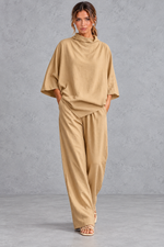 Women's khaki turtleneck blouse and wide leg trouser co-ord set – front view