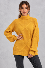 Women's mustard diamond knit roll neck jumper – front view