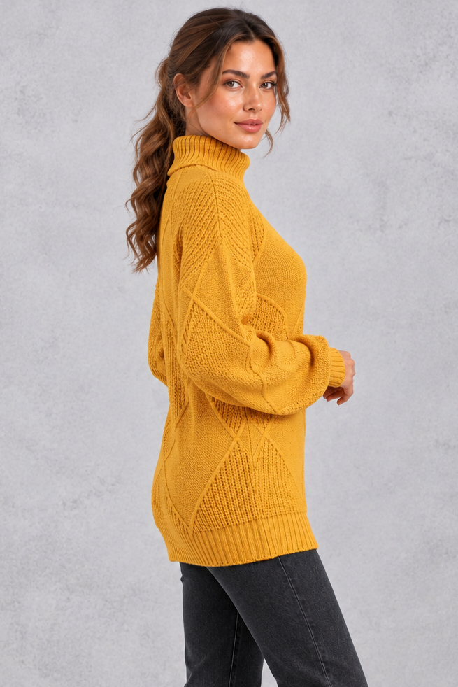 Women's mustard diamond knit roll neck jumper – side view