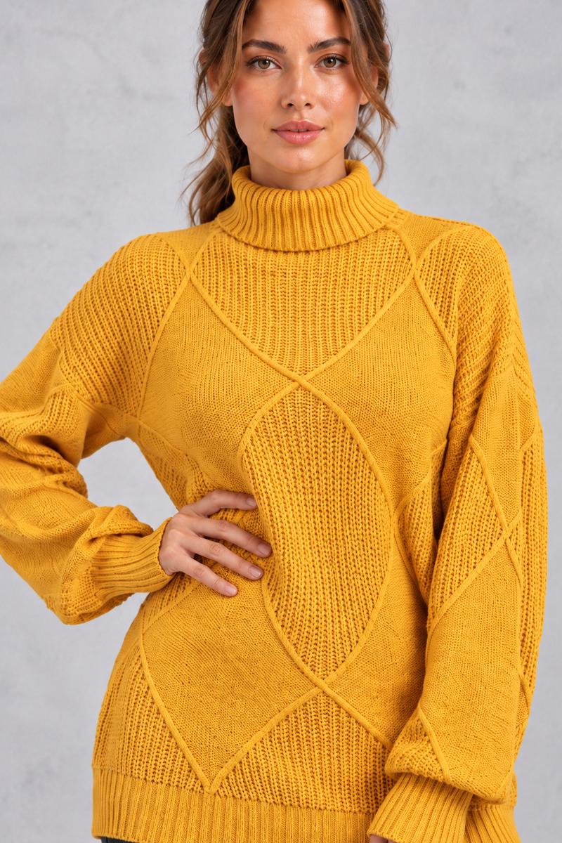 Women's mustard diamond knit roll neck jumper – close-up of roll neck and diamond knit pattern