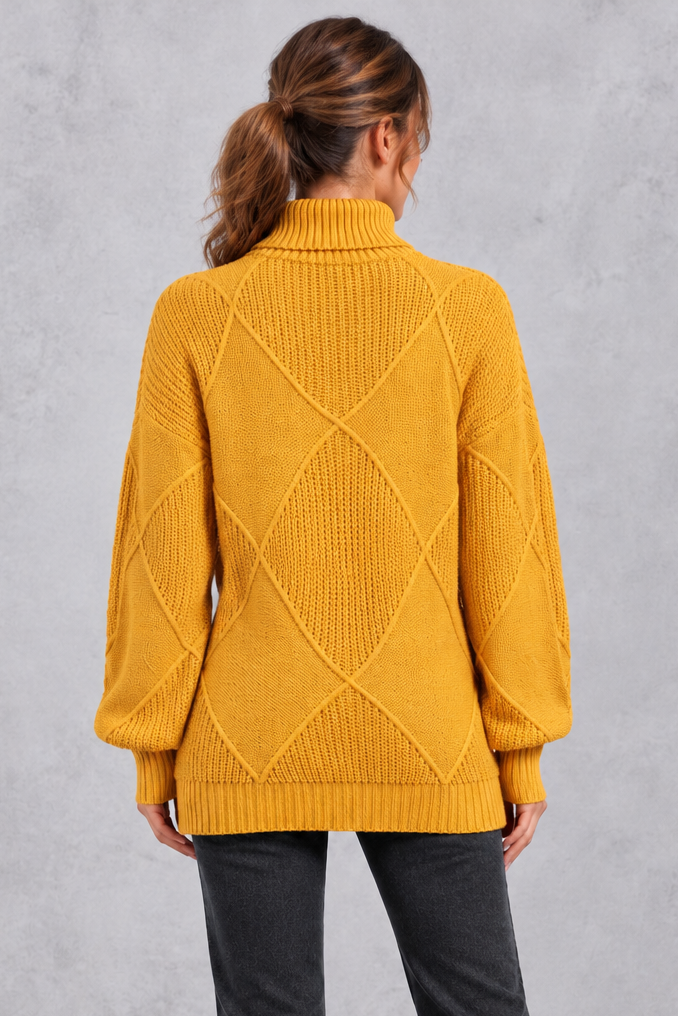 Women's mustard diamond knit roll neck jumper – back view