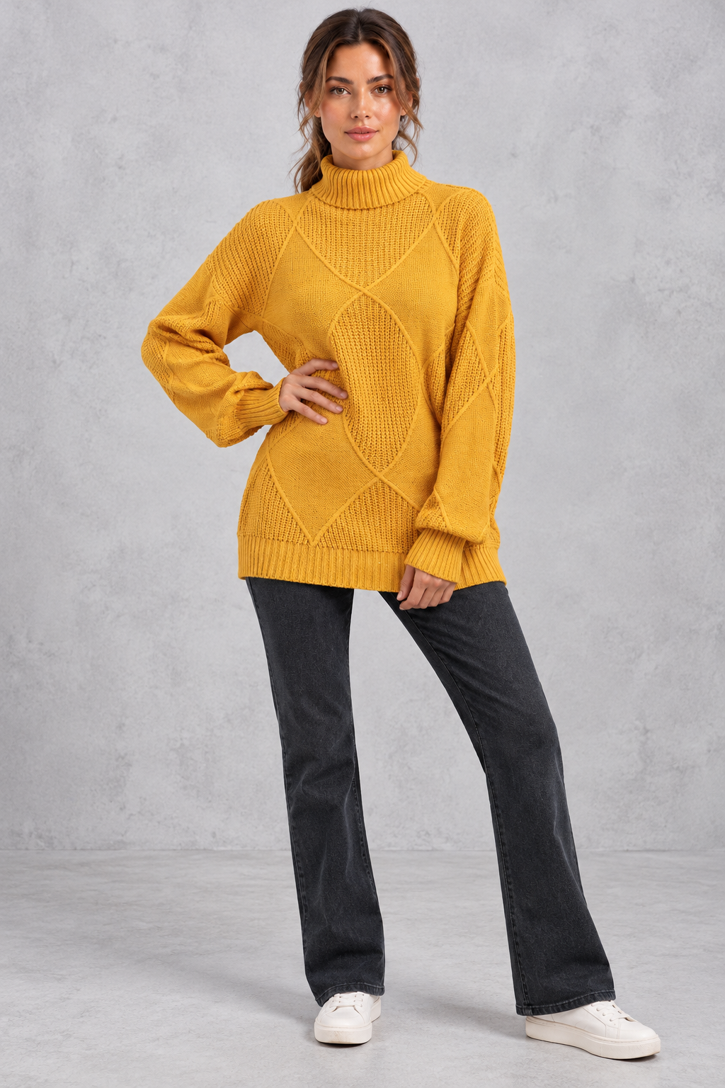 Women's mustard diamond knit roll neck jumper – full-length view