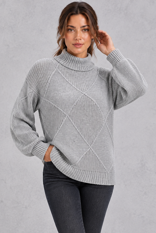 Women's grey diamond knit roll neck jumper – front view