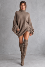 Women's chocolate brown oversized turtleneck knit jumper mini dress with long balloon sleeves – front view