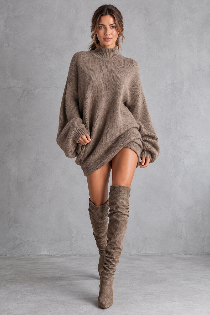 Women's chocolate brown oversized turtleneck knit jumper mini dress with long balloon sleeves – front view