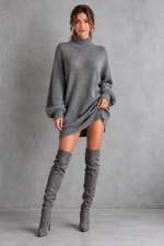 Women's grey oversized turtleneck knit jumper mini dress with long balloon sleeves – front view