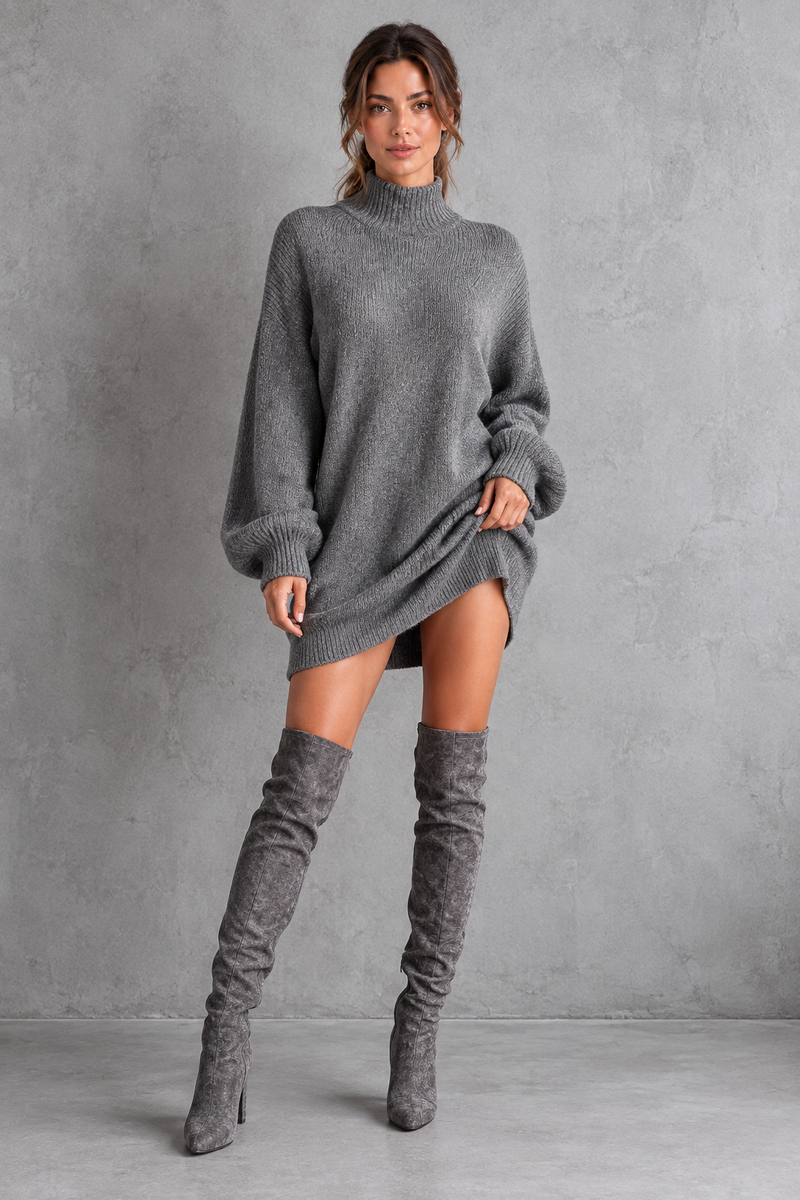 Women's grey oversized turtleneck knit jumper mini dress with long balloon sleeves – front view